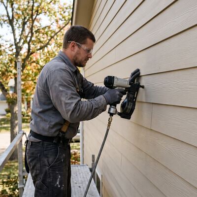 Fiber-cement lap-plank siding being installed with a pneumatic nailer