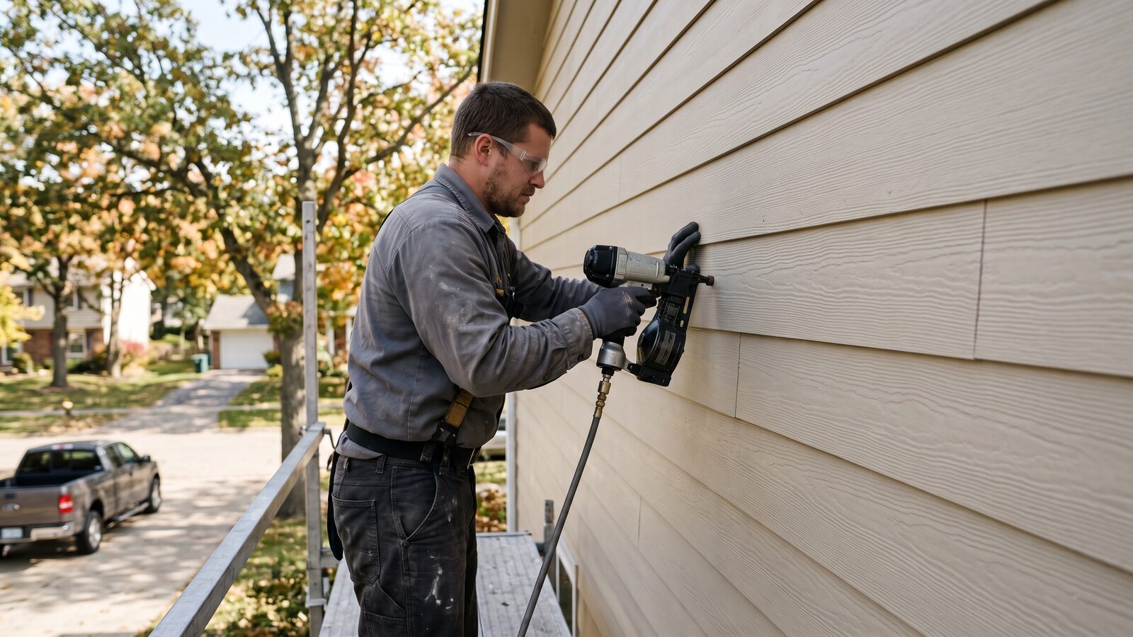 Fiber-cement lap-plank siding being installed with a pneumatic nailer