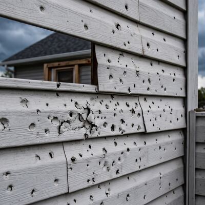 Vinyl siding showing visible hail dents and pitting, the kind of storm damage this page covers