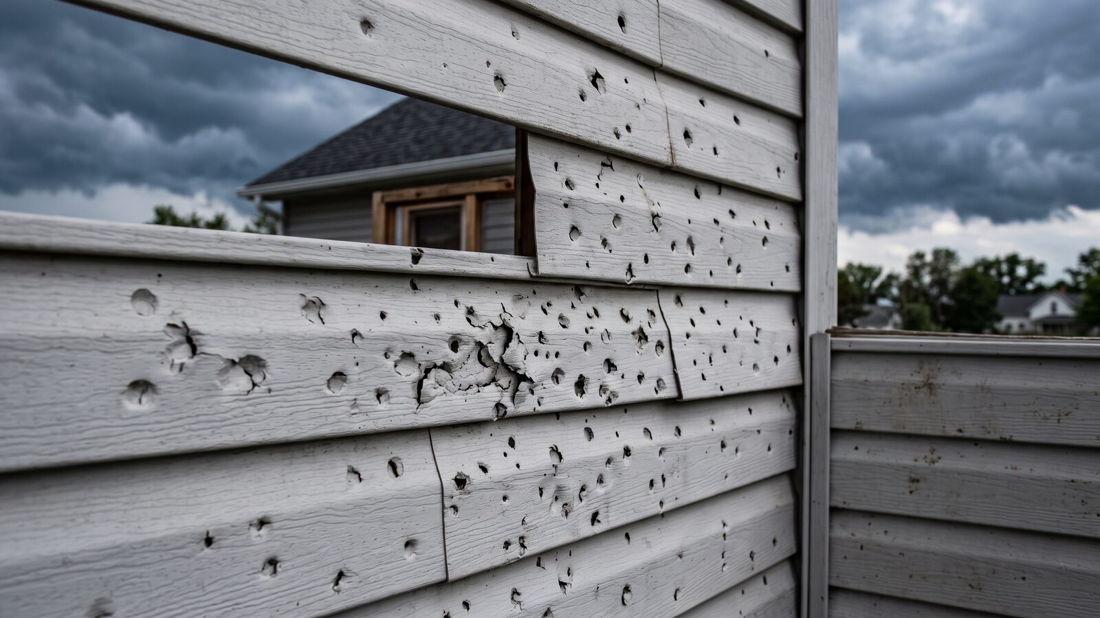 Vinyl siding showing visible hail dents and pitting, the kind of storm damage this page covers