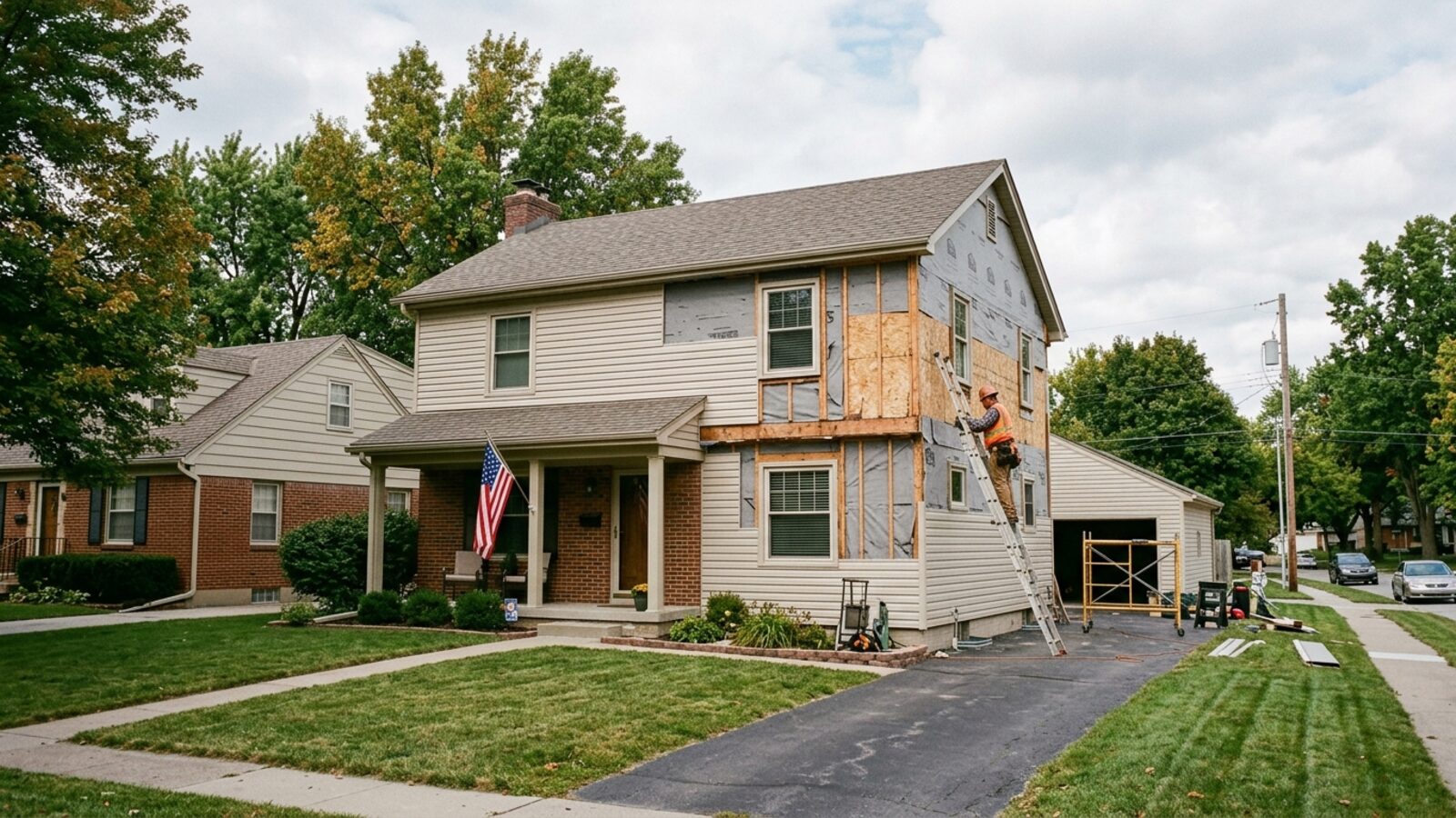 A Midwest home partway through a siding replacement, old siding stripped on one section and new panels installed on another