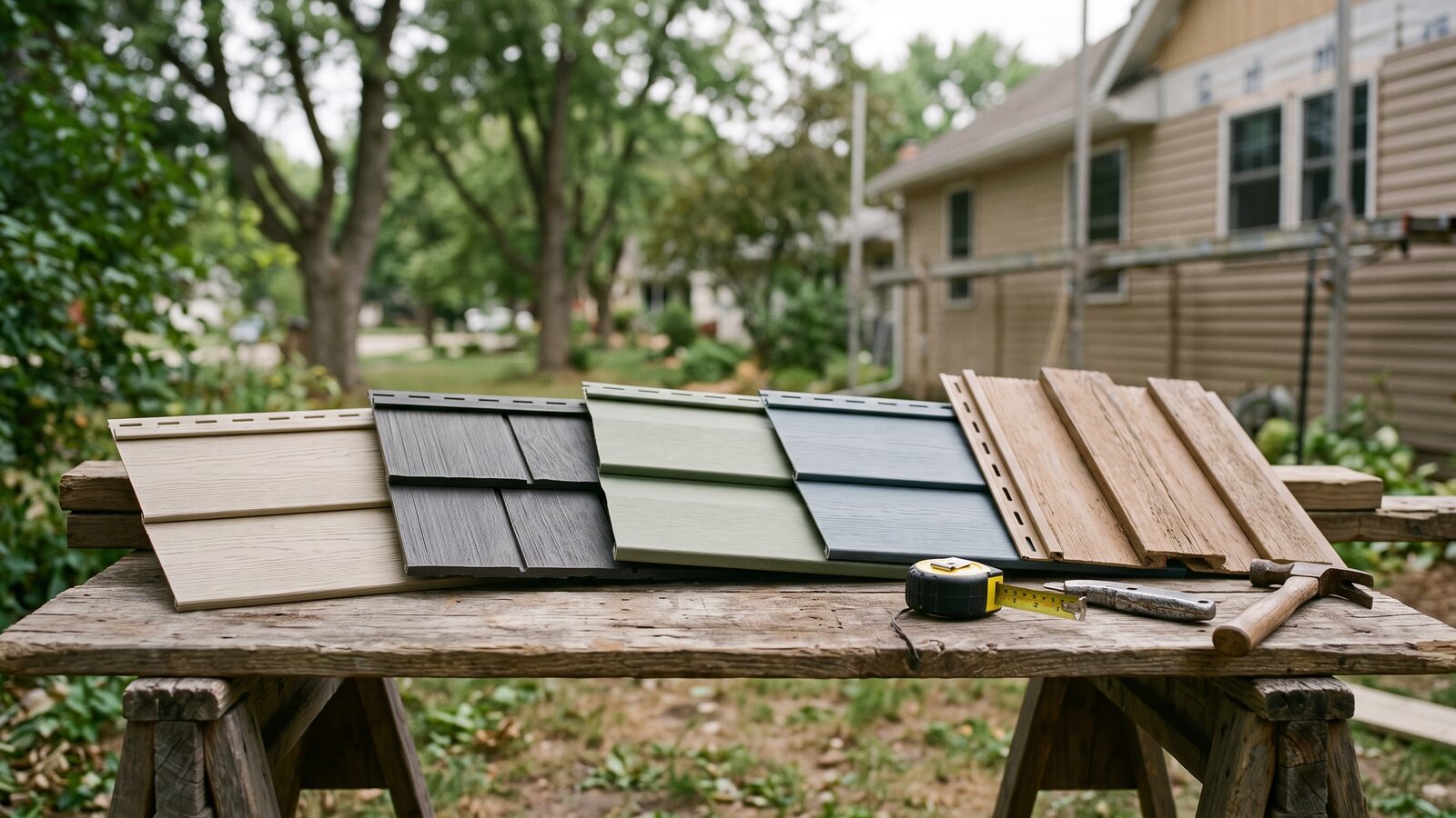 Siding material sample boards showing a few color and panel-profile options
