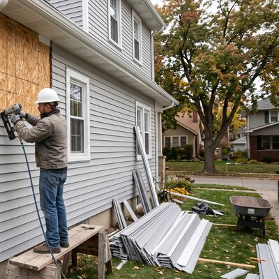 New horizontal siding panels being installed over exposed house wrap during a residential re-side