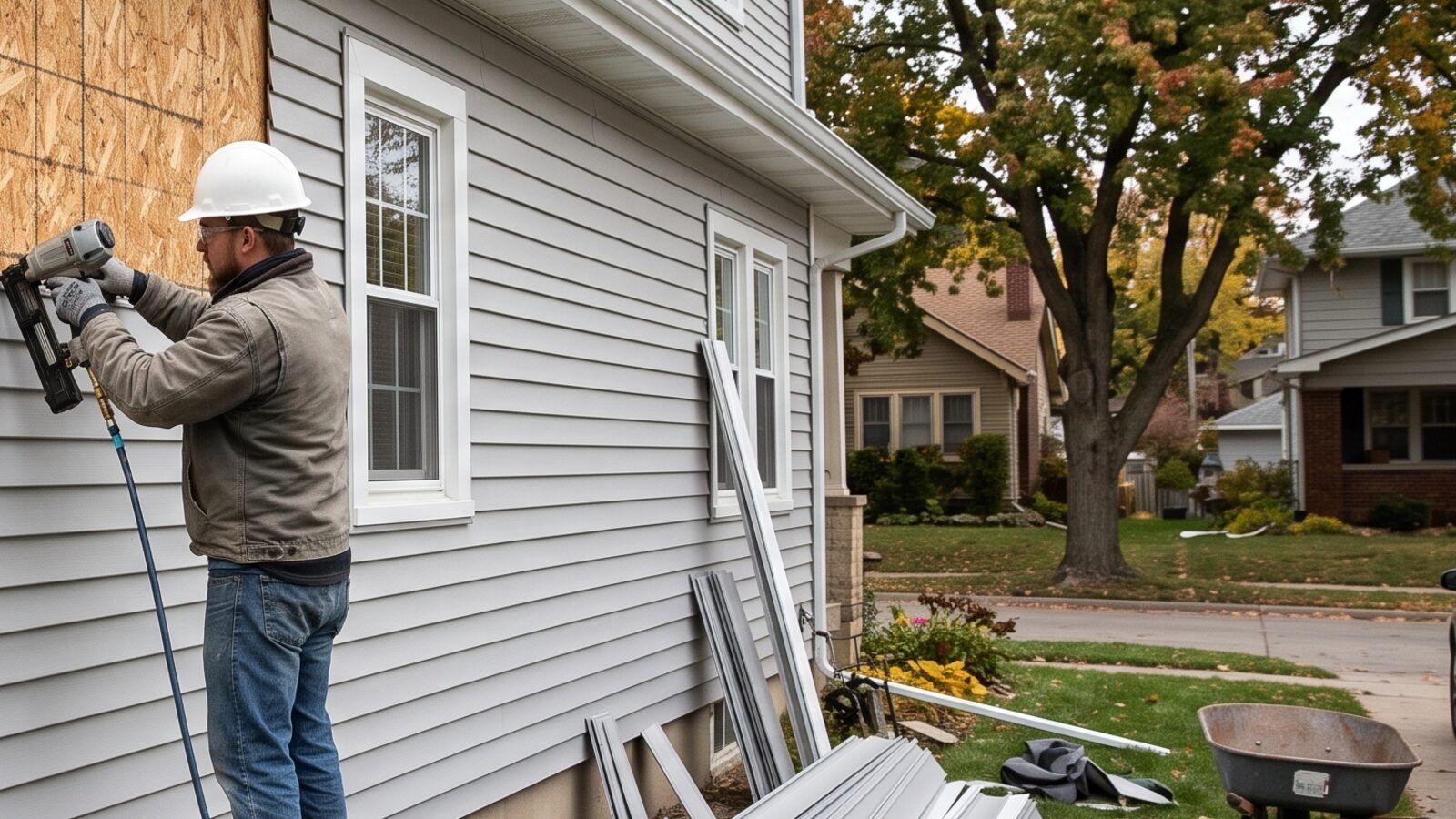 New horizontal siding panels being installed over exposed house wrap during a residential re-side