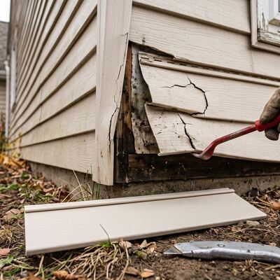 A damaged vinyl siding panel being removed for replacement, illustrating the repair process