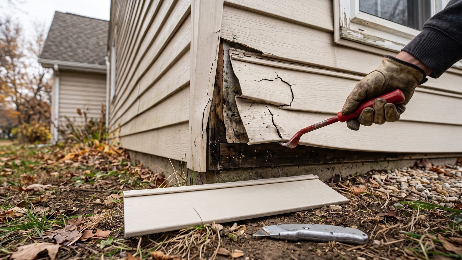 A damaged vinyl siding panel being removed for replacement, illustrating the repair process
