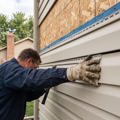 New vinyl siding panels being clipped into place during installation