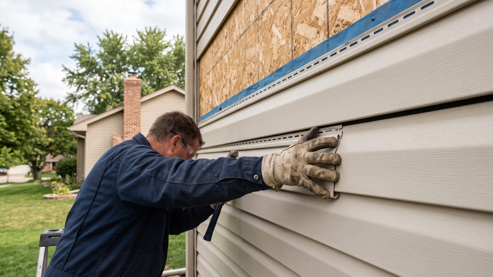 New vinyl siding panels being clipped into place during installation